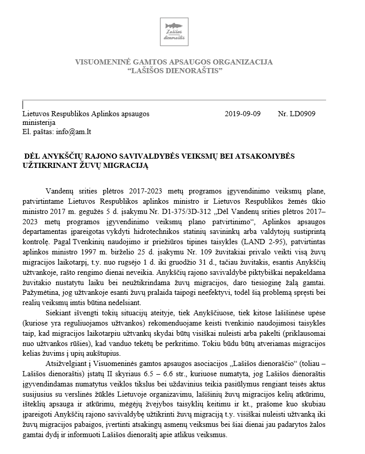 Kreipėmės į Aplinkos ministerija su prašymu, jog kuo skubiau būtų imtasi veiksmų siekiant užtikrinti tinkamas sąlygos migruojančioms žuvims.