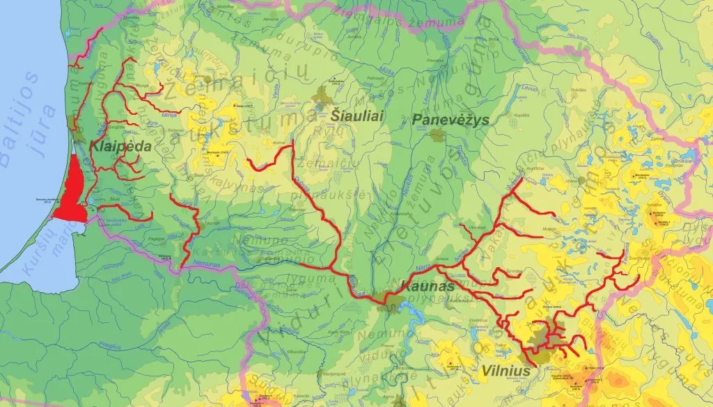 Lietuvos žemėlapis su lašišų keliu